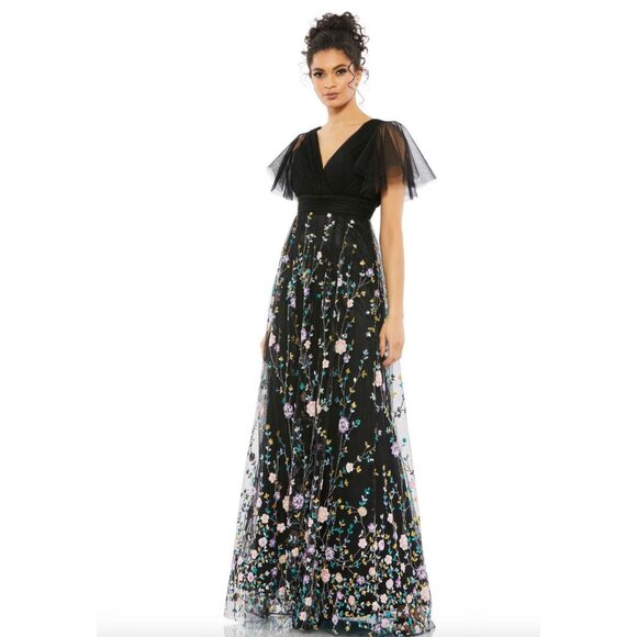 Mac Duggal 67889 Floral Embroidered Butterfly Sleeve V Neck Gown Size 6 Dress